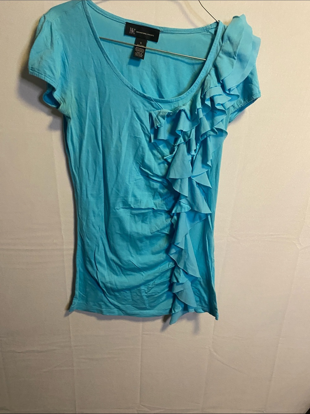 INC International Concepts Aqua Ruffled Short Sleeve Scoop Neck Top